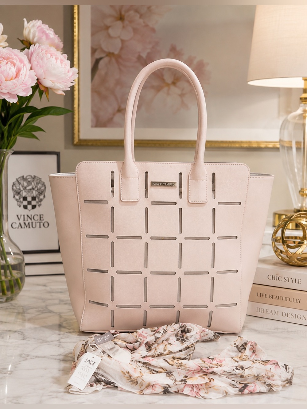 ✨ Vince Camuto Blush Pink Laser-Cut Geometric Tote + NWT Chico’s Scarf Set ✨